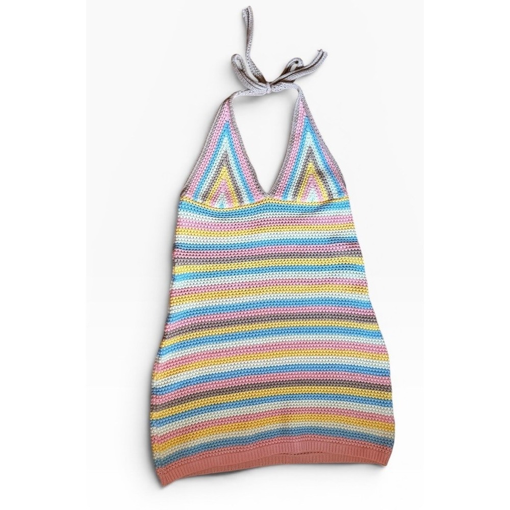 THATSSOFETCH Crochet Halter Mini Dress Size 12 Pastel Stripe Y2K Coquette Boho
